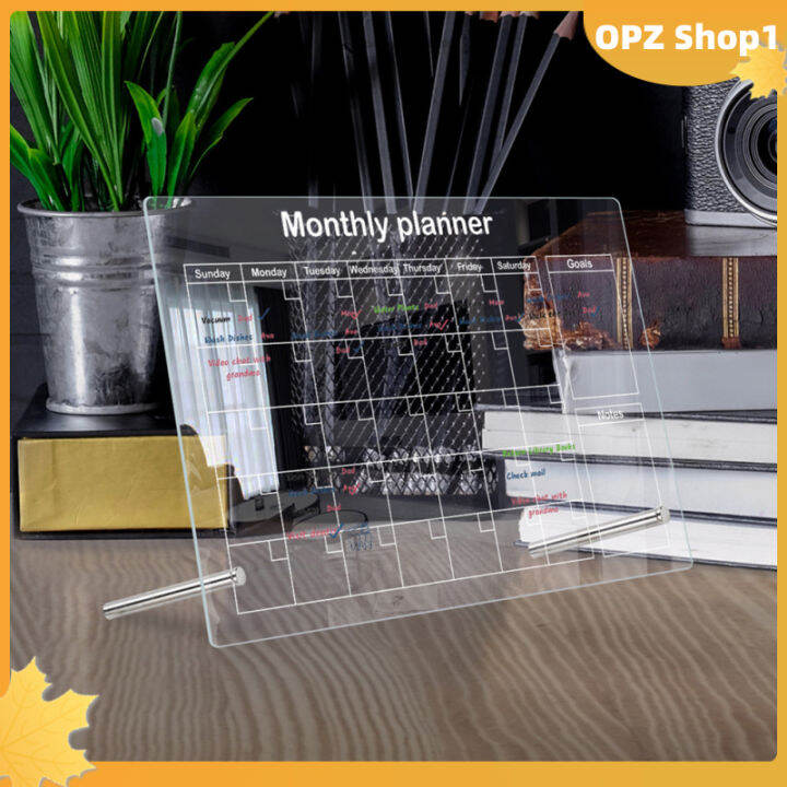 opz-อะคริลิคบอร์ดปฏิทินเดสก์ท็อปโน้ตบันทึกใสกระดานไวท์บอร์ดวางแผนรายเดือนพร้อมขาตั้งปากกาเน้นข้อความ6ตัวสำหรับสำนักงานบ้านโรงเรียน