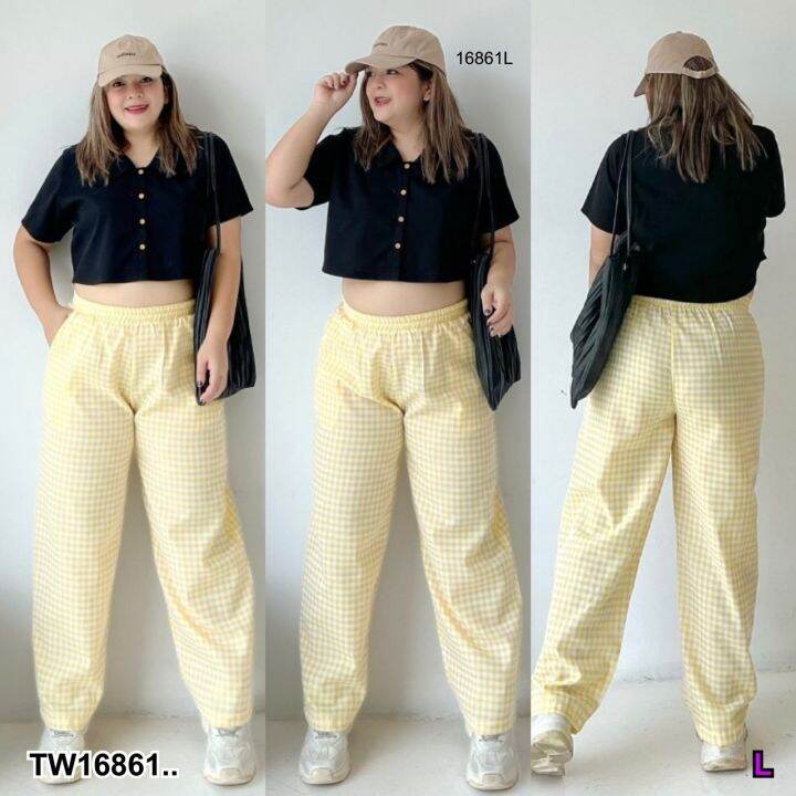tw16861-เซท-2-ชิ้น-bigsize-เสื้อปกเชิ้ทครอป-กางเกงขายาว