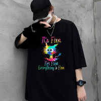 เสื้อยืดคุณภาพดี   ใหม่ เสื้อยืดลําลอง แขนสั้น พิมพ์ลายแมวตลก Im Fine Im Fine Everything Is Fine สีมัดย้อม แฟชั่นฤดูร้อนS-5XL