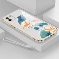 เคสด้านหลังดอกบัวหลากสีดีไซน์ใหม่เคสโทรศัพท์ปลอกสำหรับ Samsung Galaxy เคสนิ่มเคลือบอิเล็คโทรเพลทซิลิโคน TPU กล่องกันกระแทก A03ของ Samsung พร้อมที่ฟรีสายคล้อง