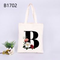 Flower Letter A-M Print Bag Female Fashion Shoulder Bag Black Large Capacity Canvas Bags Wild Travel Bag Women Shopping Tote Bag