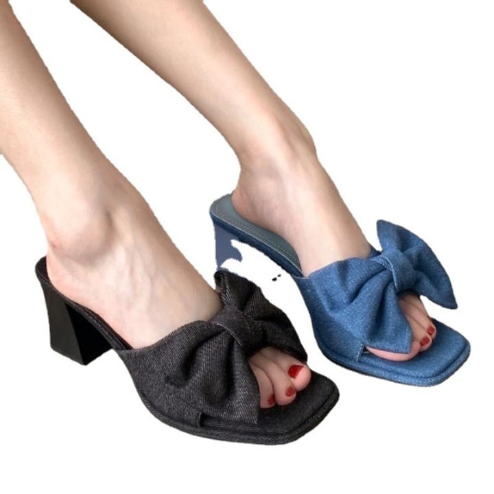 รองเท้าแตะผู้หญิงใส่ข้างนอกฤดูร้อนรุ่นใหม่ของปีนี้-2023-รองเท้าแตะผู้หญิงแบบผูกโบว์ส้นสูงแบบเปิดนิ้วเท้าแบบหนา