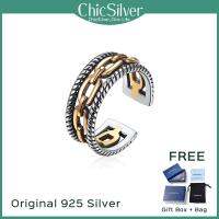 ChicSilver Retro แหวนโซ่ต่อกันแบบคิวบา925เงินสเตอร์ลิงรมซ์เปิดแหวนข้อนิ้วปรับได้สำหรับชายหญิง