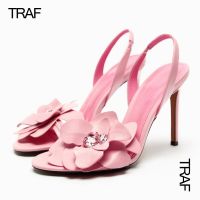 TRAF รองเท้าส้นสูงผู้หญิง,2023รองเท้าส้นสูงฤดูร้อนดอกไม้รองเท้าส้นสูงสีชมพูสีเขียวส้นเข็มด้านหลังรองเท้าส้นสูงเปิดช่องส้นนิ้วเท้าทรงกลม