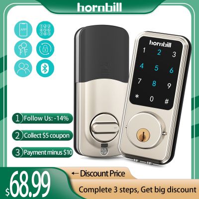 Hornbill Electronic ล็อคประตูทางเข้าไร้กุญแจ,อิเล็กทรอนิกส์ล็อคแบบไร้กุญแจล็อคดิจิทัลบลูทูธปลดล็อครหัสผ่าน Ttlock สำหรับโฮมอพาร์ทเมนท์
