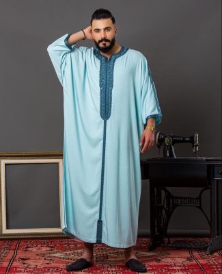 ชุดคลุมมุสลิมสีเขียวรอบคอหลวมสไตล์ลำลองสำหรับผู้ชาย,เสื้อผ้าสไตล์กาลาเบียชุดมุสลิม