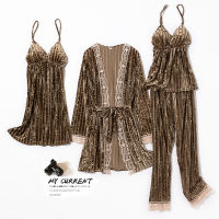 Velour Sleepwear Casual Nightwear Lady Pajamas Set Autumn Winter Sleep Set Kimono Bathrobe Sexy Velvet Pyjamas Homewear