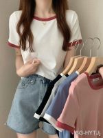 【CW】◊  Patchwork T-shirt Tee Shirt Korean Fashion Crop Top Woman O-Neck Corset