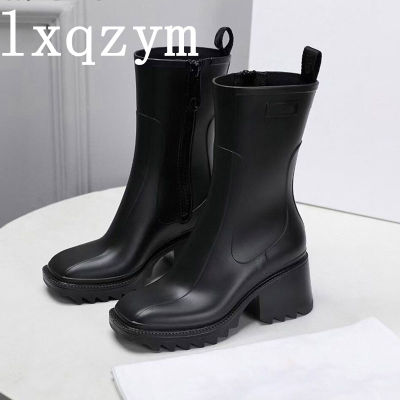 New PVC Rainboots Women Wool Chunky Heels Ankle Boots Slip On Square Toe Autumn Chelsea Boots Ladies Rain Shoes For Woman