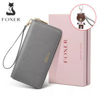 TOP☆FOXER Women Genuine Leather Long Wallet Lady Clutch with Wristlet Strap Credit Card Holder Cellphone Mobile Phone Bag