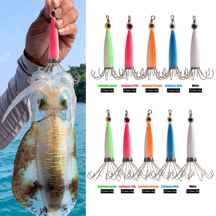 Jig Heads 5pcs Fishing Squid Jig Hooks Set Saltwater Sea Fishing Luminous Simulation Shrimp Prawn For Octopus Cuttlefish Swim Jig