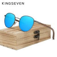 KINGSEVEN แว่นกันแดดกรอบไม้สีดำวอลนัทสำหรับผู้ชาย,เลนส์ทรงกลมป้องกัน UV400โพลาไรซ์แว่นตาด้วยทำมือแว่นตาย้อนยุค