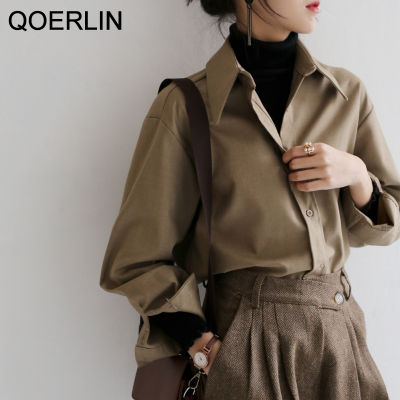 QOERLIN เสื้อกาแฟผู้หญิงฤดูใบไม้ผลิฤดูใบไม้ร่วงลำลองสีทึบเสื้อแขนยาวผู้หญิงเกาหลีเสื้อหลวม OL สไตล์ Workwear S-XL