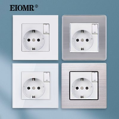 EIOMR EU Socket with With Small Switch Button AC 110V-220V 16A Wall Power Outlet 86MMx86MM Various Materials Panels Socket