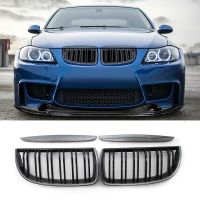 Car Carbon Fiber Look Front Kidney Grille Dual Slats Grill for 3 Series E90 E91 2005-2008