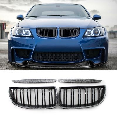 Car Carbon Fiber Look Front Kidney Grille Dual Slats Grill for BMW 3 Series E90 E91 2005-2008