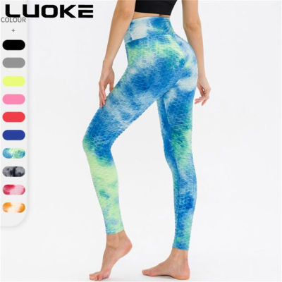 Luoke ผู้หญิงกีฬาโยคะกางเกงจีบผูกย้อมเอวสูงสะโพกยกฟองกางเกงแน่นแห้งเร็วระบายอากาศกางเกงออกกำลังกาย