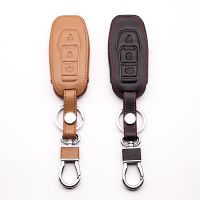 ℡ High quality 100 Genuine Leather Case Cover Car Style Key Chain Ring for Ford Monto 3 buttons leather car remote key case shell