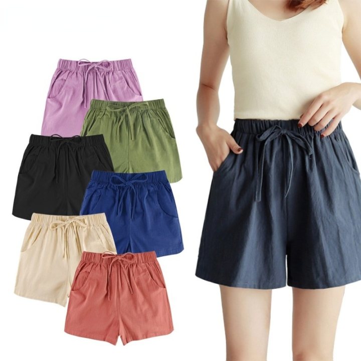 Su0026Q Women Casual Shorts Elegant Style Loose Solid Soft Cotton Short Pants  Elastic Waist Wide Leg Beach Shorts seluar pendek wanita (1pcs) | Lazada  Singapore