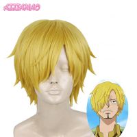 อะนิเมะเรื่องวันพีชวิกผมคอสเพลย์ Sanji วิกตรงสั้นสีทองสีเหลืองทนความร้อนได้วิกผมคอสเพลย์สังเคราะห์ + ตาข่ายคลุมผมสำหรับใส่วิก