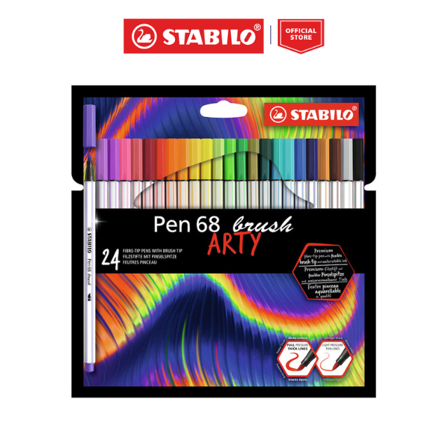 STABILO Pen 68 Fibre Tip Brush Pen - ARTY - Wallet of 10 - Assorted Colours