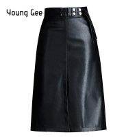 Young Gee Spring Autumn Women Skirt Fashion PU Leather Midi High Waist A-line Elegant Office Work Wear Skirts Saias Plus Size