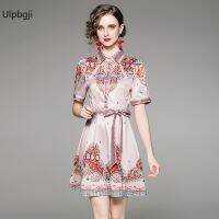 European and American Fashion All-Match Waist Slimming Positioning Printed Short-Sleeved Dress (with Belt)