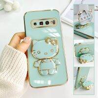 For Samsung Galaxy S10 Mobile Phone Case Fashion Temperament Plating TPU Advanced Rotary Stand Makeup Mirror Hello Kitty Folding Mirror Stand Net Red New Couple Gift Soft Touch Anti slip Anti fall Protective Case