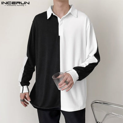 INCERUN เสื้อยืดผู้ชายมีปกเสื้อคอวีแขนยาวเสื้อเย็บต่อกันเสื้อสวมหัวฮิปปี้ (สไตล์เกาหลี)