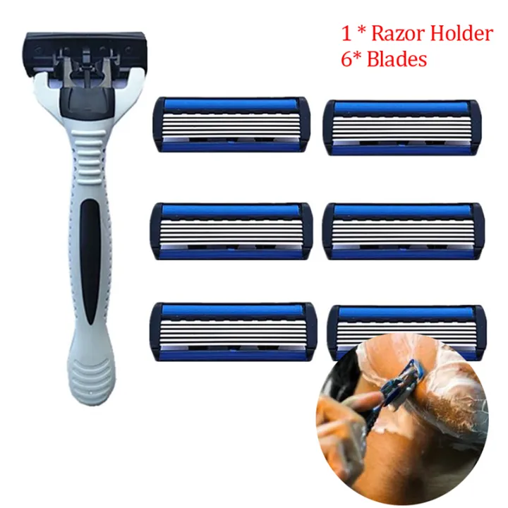 6 Layers Razor 1 Razor Holder + 6 Replacement Blades Head Cassette Hair