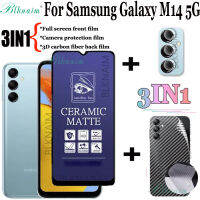 BLKNAIM (3-In-1) สำหรับ Samsung Galaxy M14ฟิล์มเซรามิกเคลือบแบบเต็มหน้าจอ5กรัม + ฟิล์มป้องกันกล้อง + มาสก์หน้าหลังคาร์บอนไฟเบอร์3D