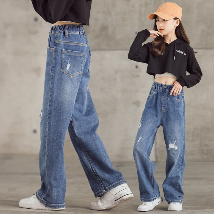 thera-กางเกงยีนส์ขากว้างของ-สำหรับเด็กผู้หญิงในสไตล์ตะวันตกของ-กางเกงขาตรงทรงหลวมและบางเฉียบ
