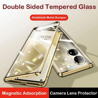 「Enjoy electronic」 Coque P50 Pro Case 360 Full Magnetic Case For Huawei P50 Aluminum Metal Bumper Tempered Glass Film Camera Lens Protector Cover