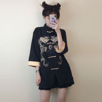 【CW】Black Gothic Tang Suit Shirt Dress for Girls Women Chinese Traditional Blouse Single Breasted Dragon Embroidery Jacket Coat