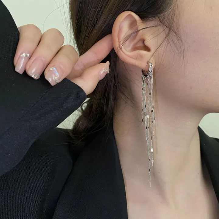 female-long-style-tassel-earrings-light-film-ear-buckle-earrings-stylish-temperament-clip-earrings-thin-silver-needle-earline-earrings-ins-light-luxury-tassel-earrings