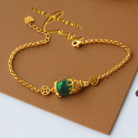 S925 Sterling Silver Ancient Gold Frosted Gold Natural Hetian Jade Green Jade Spinach Green Pi Xiu Bracelet Money Drawing and Ev