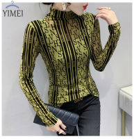 YIMEI เสื้อเชิ้ตลูกไม้กึ่งสูงเซ็กซี่สำหรับผู้หญิง,เสื้อเชิ้ตพิมพ์ลายด้านล่างแขนยาวตาข่ายเสื้อยืดฝูงแกะฤดูใบไม้ร่วง2022