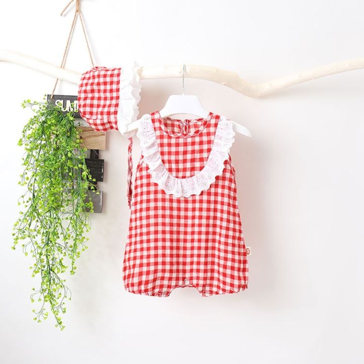 cod-2022-summer-baby-plaid-lace-sleeve-one-piece-romper-bag-fart-with-hat