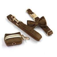 New Dog Collar Leash Modern Style Novel Design Brown Velvet Collar Leash Set Luxury Velvet Collar With Bowtie Poo Bag Holder