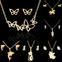 ✣☸ Rinhoo New Animal Butterfly Stainless Steel Pendant Necklace Sets For Women Cat Fish Bone Chain Necklace Earrings Jewelry Gifts