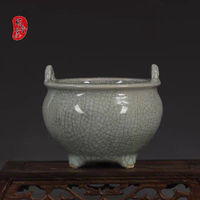 Jingdezhen โบราณพอร์ซเลนเพลง Ge เตาเผาเปิดชิ้นสองหูสามเท้ากระถางไฟโบราณเครื่องประดับคอลเลกชัน