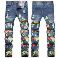 European And American Hip-Hop Style Ripped Re-Washing Water Digital Multi-Color Printed Pure Cotton Small Straight Jeans For Men