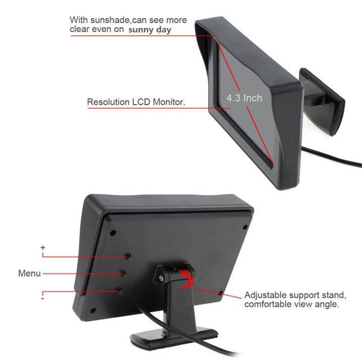หน้าจอด้านหลังความละเอียด4-3นิ้วความละเอียด480x234-2ช่องอินพุตวิดีโอ-tft-จอ-lcd-รถยนต์-kamera-spion-รถยนต์กันน้ำ12v