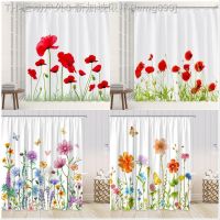 【CW】♟  Flowers Shower Curtain Set Poppies Watercolor Floral Fabric with Hooks