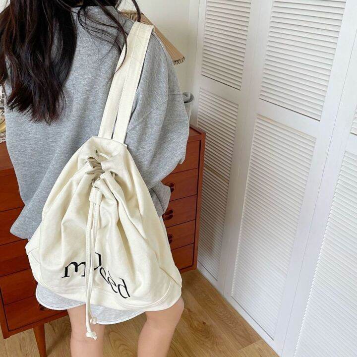 ญี่ปุ่นและเกาหลีใต้-drawstring-กระเป๋าเป้สะพายหลังเย็บปักถักร้อยตัวอักษรความจุขนาดใหญ่ถุงถังกระเป๋าเดินทางกระเป๋า