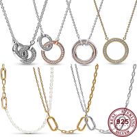 New 925 Silver Womens ME Gold Pearl Double Chain Creative Circle Pendant Necklace Womens Holiday High Quality Gift