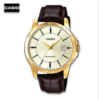 Velashop  นาฬิกาผู้ชายสายหนัง Casio รุ่น MTP-V004GL-9AUDF, MTP-V004GL-9A, MTP-V004GL (สีน้ำตาลแดง-หน้าปัดทอง))