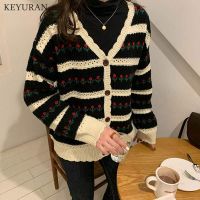 Women Sweater Korean Style Chic Sweet V-neck Long Sleeve Floral Knit Cardigan Sweaters Loose Coat Autumn Sueter Mujer Female Top