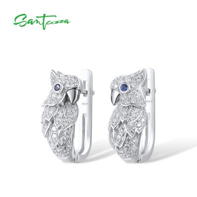 SANTUZZA Pure 925 Sterling Silver Earrings For Women Sparkling Blue/White CZ Earrings Lifelike Parrot Trendy Gifts Fine Jewelry