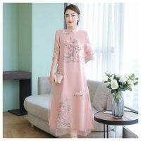 Women plus size hanfu Summer new plus size womens improved cheongsam printed dress women mid-length Hanfu literary r dress